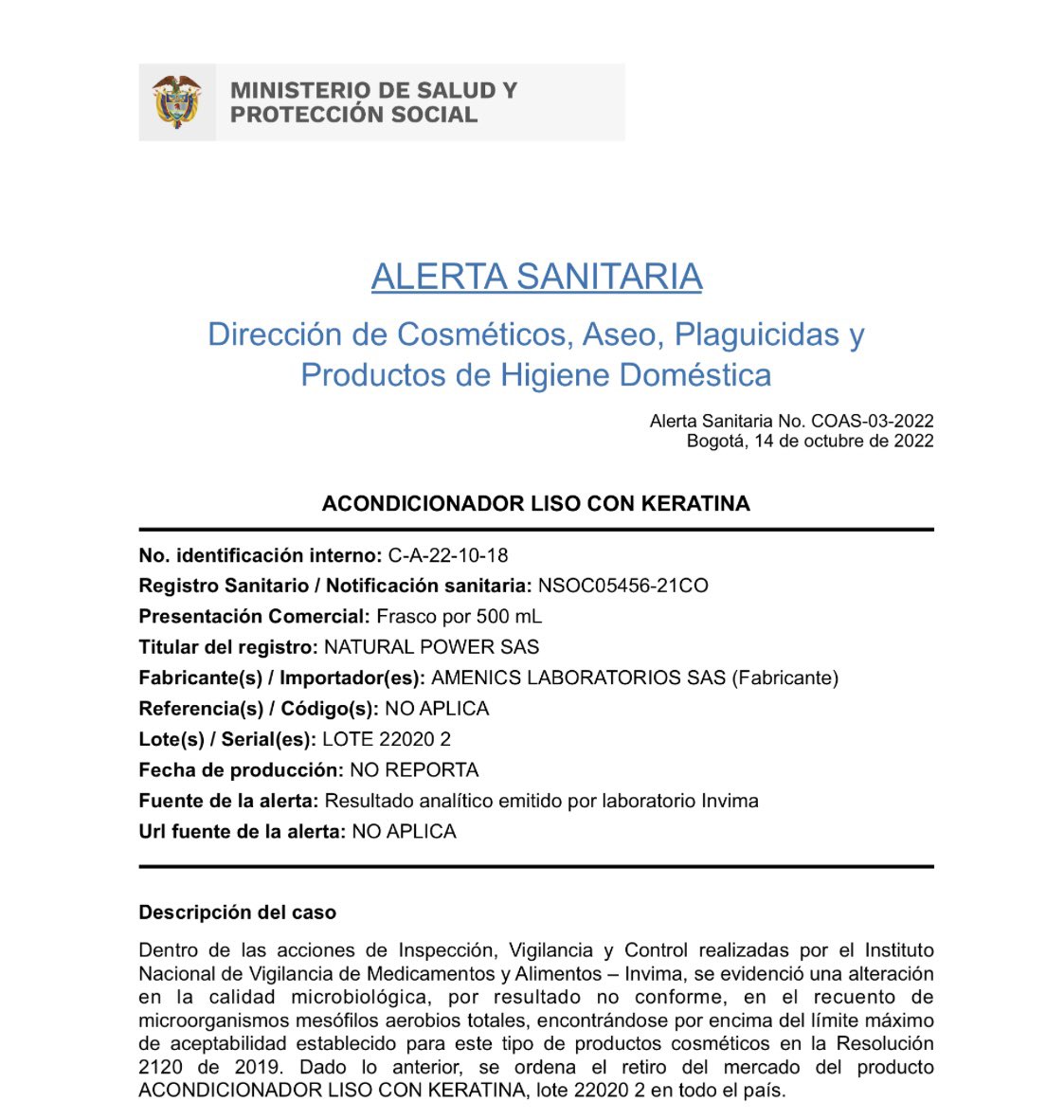 invimacolombia's tweet photo. #AlertaSanitaria 🚨 sobre “ACONDICIONADOR LISO CON KERATINA '', se evidenció una alteración en la calidad microbiológica, por resultado no conforme, en el recuento de microorganismos mesófilos aerobios totales.⬇️ https://t.co/X6Eii2luC3