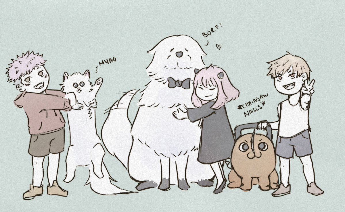 yuutaguro's tweet photo. the kids and their pets 🐾 #jjk #spyxfamily #chainsawman https://t.co/cw7C693f1f