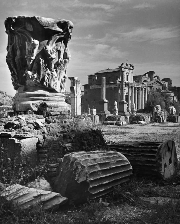 'This age of indolence...darkened the face of learning, and the decline of genius was soon followed by the corruption of taste.” -Edward Gibbon, 'The History of the Decline and Fall of the Roman Empire' (1776-1788) -The Ruins of the Roman Forum, 1951 photograph by Herbert List