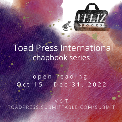 Wow, it's that time again!⭐️toad press is open for submissions now through December 31 🤩 Check it out / learn more / send us your fantastic translations : toadpress.blogspot.com/2022/10/submis…

#OpenReading #translation #chapbook #LiteraryTranslation