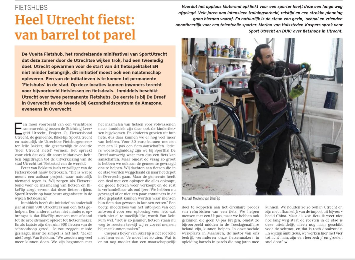 "Heel Utrecht Fietst: van barrel tot parel", mooi artikel in de papieren <a href="/duicnl/">DUIC</a> over onze fietsdeals voor volwassenen en kinderen. Interview met @Peterb285 van <a href="/FB_Utrecht/">Fietsersbond Utrecht</a> en <a href="/CasBey/">Casparis Beyer</a> van BikeFlip. <a href="/Sport_Utrecht/">SportUtrecht</a> <a href="/LG_Utrecht/">Leergeld Utrecht</a> <a href="/ProjectOUtrecht/">ProjectO</a> <a href="/BicycleMayor030/">Bicycle Mayor of Utrecht</a> <a href="/GemeenteUtrecht/">Gemeente Utrecht</a>