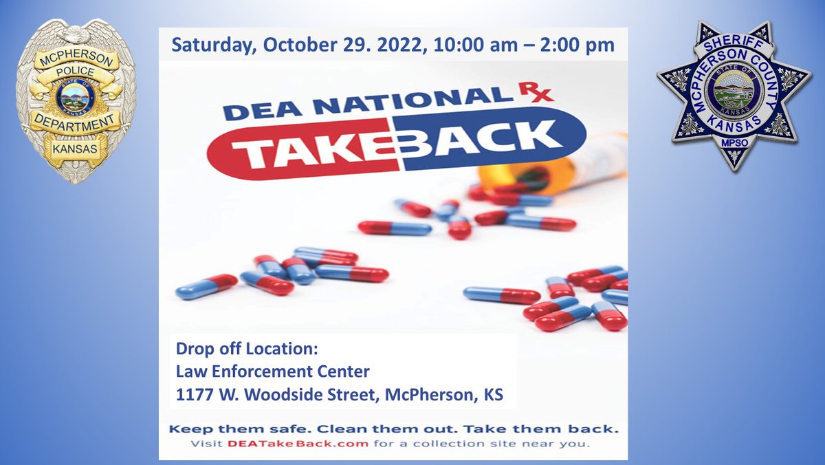 McPhersonPD's tweet photo. On Saturday, October 29, 2022, Prescription Drug Take Back Day, from 10:00 am to 2:00 pm, the McPherson KS Police Department and Mcpherson County KS Sheriff's Office will be accepting prescription drugs for disposal at 1177 W. Woodside Street in McPherson.
#RXTakeBack https://t.co/oPdRwmSrpQ
