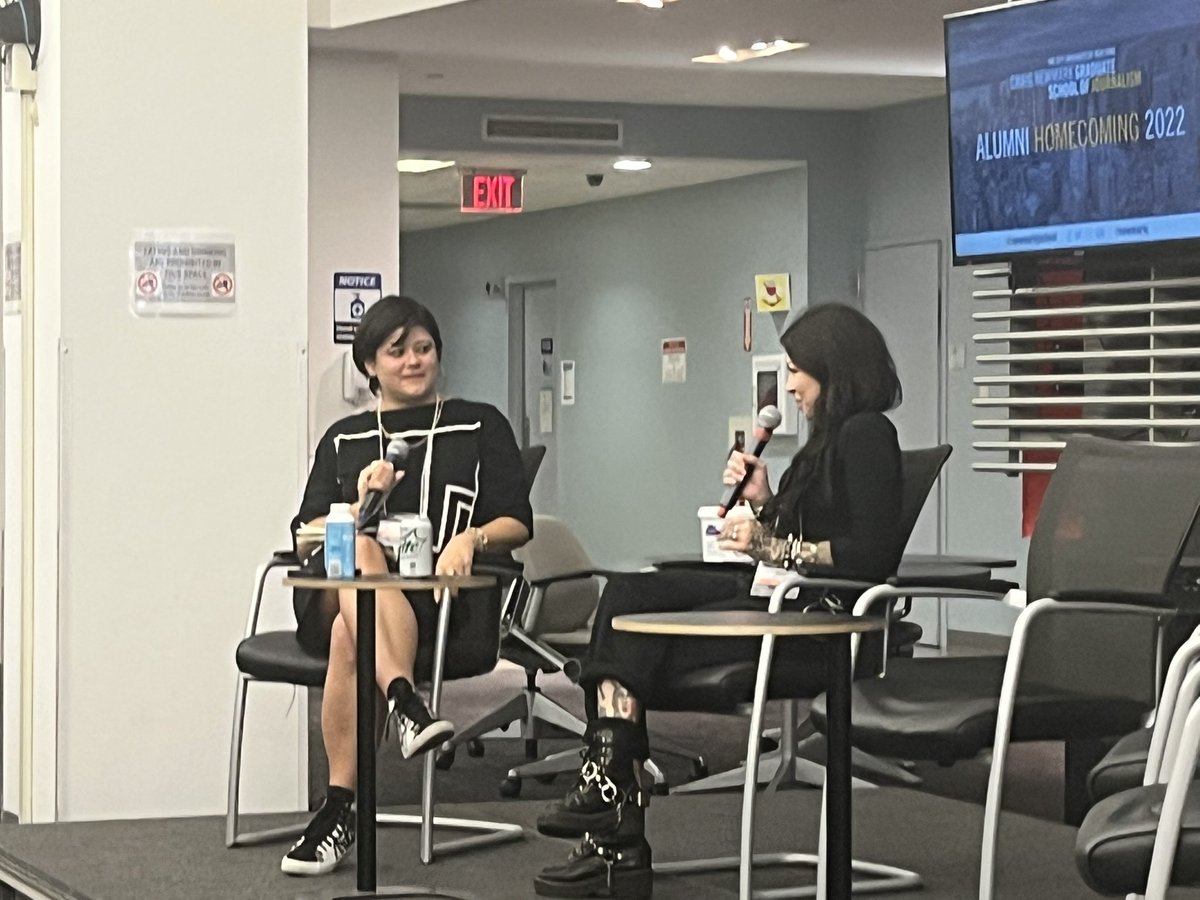WalterReports's tweet photo. Love listening to two phenomenal @newmarkjschool alum in conversation at our first in-person homecoming since the pandemic. @AlanaLlama, ‘10 interviews Pulitzer Prize winner @maggiefreleng, ‘15 who hosted Suave. https://t.co/HEkoSoPIZ1