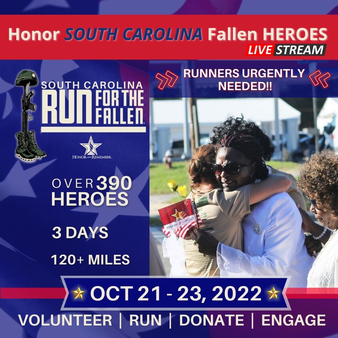 HonorRemember's tweet photo. 4th Annual South Carolina โRUN FOR THE FALLENโ TO HONOR AND REMEMBER S.C. MILITARY SERVICE MEMBERS WHO DIED AS A RESULT OF SERVING DURING THE WAR ON TERROR. RUNNERS URGENTLY NEEDED ๐https://t.co/wnOexMLslV
Together We Remember Them All! #SCRun4Fallen #Run4Fallen #SouthCarolina https://t.co/bYlqGbm3rF