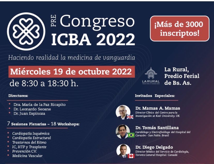 Solo 3 días para nuestro pro congreso!! Estamos muy contentos y emocionados! Gracias a <a href="/pazricapito/">Maria de la Paz Ricapito</a> <a href="/leonardo_seoane/">Leonardo Seoane</a> y Juan Espinoza por tremenda organización! Inscripción gratuita! icba.com.ar/archivos/progr…