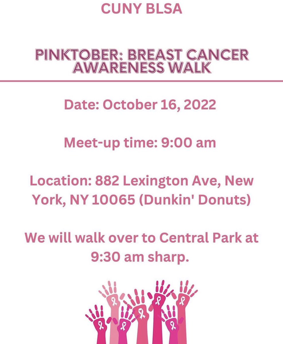 CUNYBLSA's tweet photo. ๐๐๐Tomorrow, join CUNY BLSA as we make strides to end breast cancer. Wear your pink and come ready to have a good time for a great cause! ๐๐๐#cunylaw #cunyblsa #neblsa #nblsa https://t.co/SECmkD50U0 https://t.co/HIn6sv4k0Z