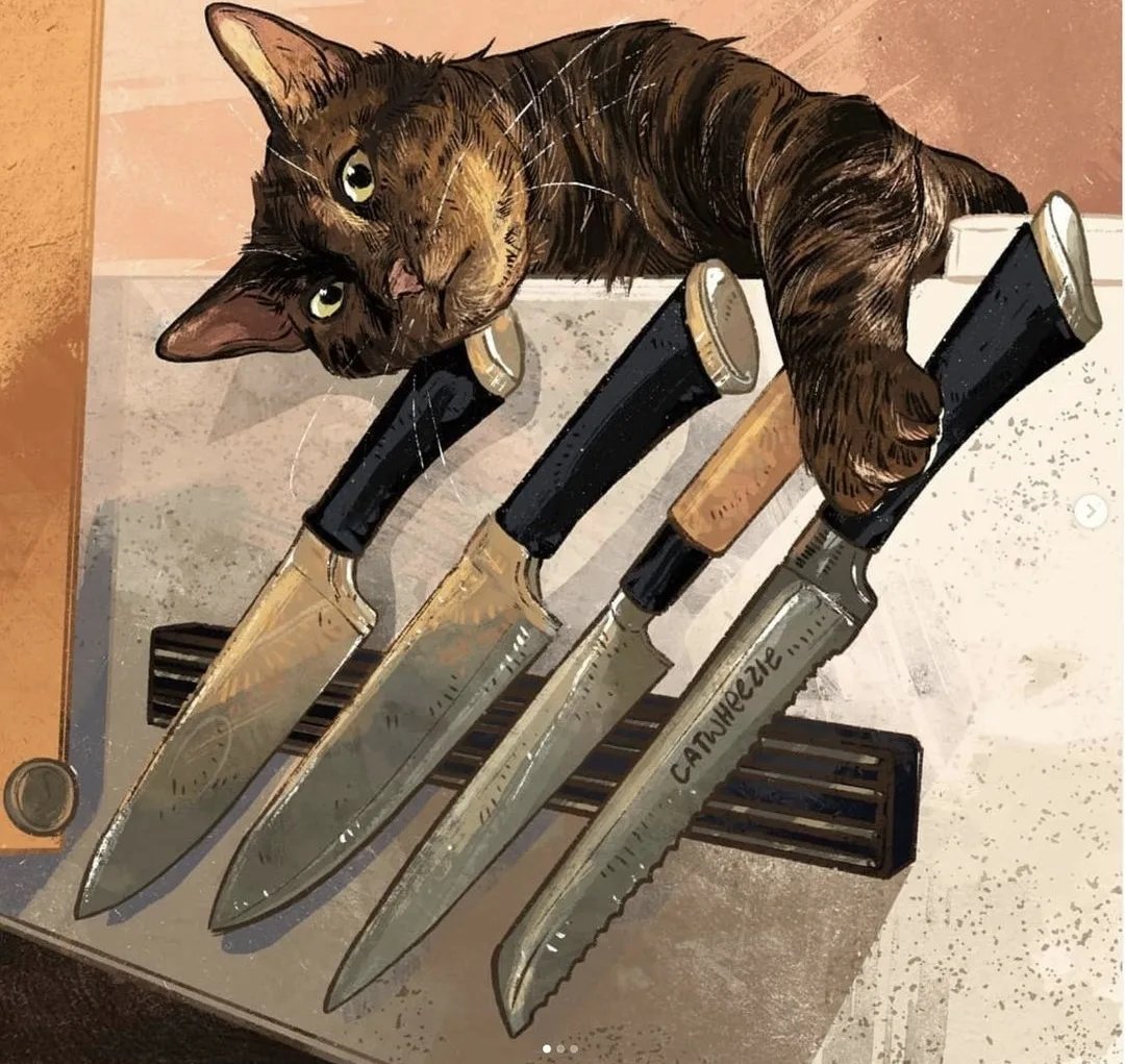 Knife cats I've drawn over the pass year 🔪🐈\u200d⬛🙀, image size:1080x1021
