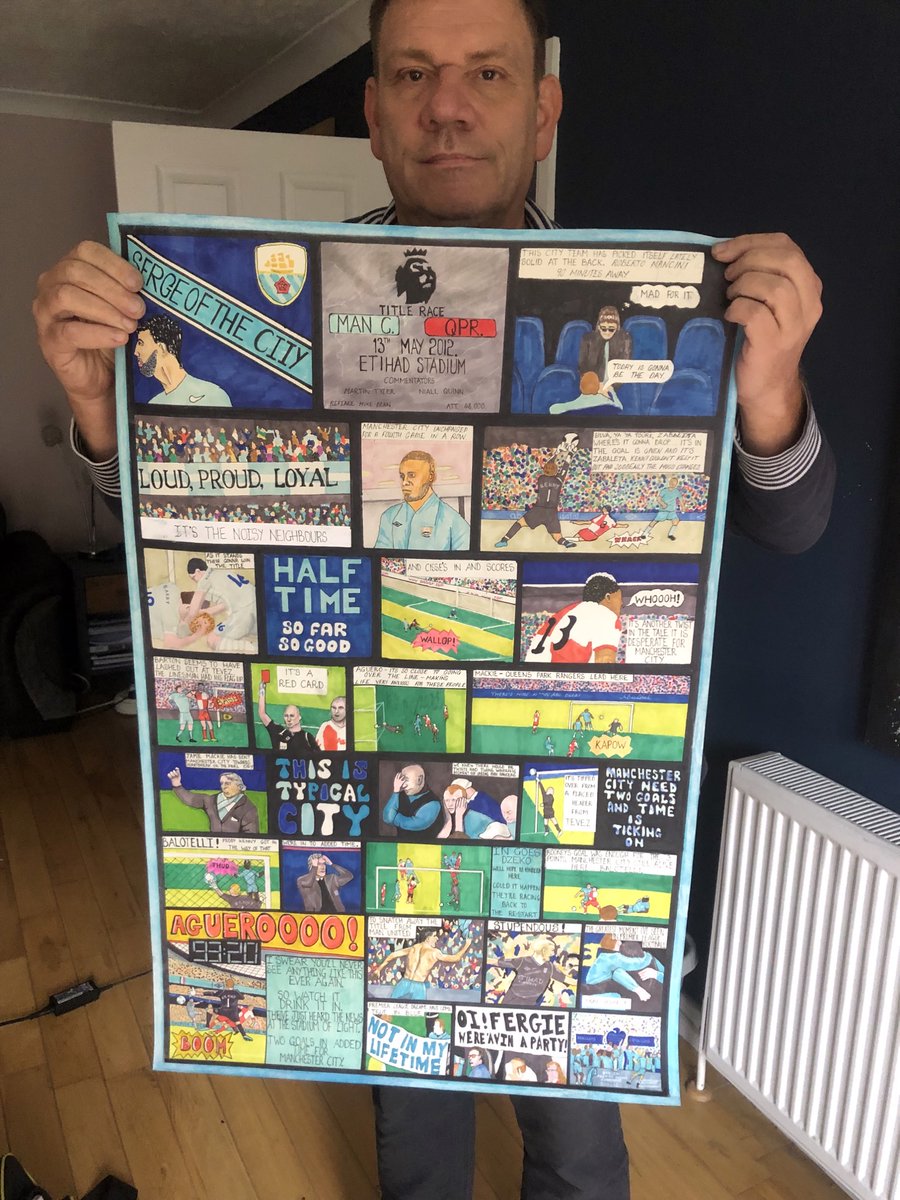 JanetHalmshaw's tweet photo. Serge of the City painting in Toy of the Rovers style depicting the title winning game in 2012. Includes Martin Tyler's commentary in narrative. #mancity #mcfc #manchester #manchestercity #art #football https://t.co/yvebw6Zijq