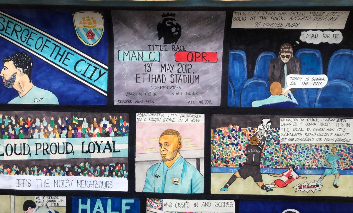 JanetHalmshaw's tweet photo. Serge of the City painting in Toy of the Rovers style depicting the title winning game in 2012. Includes Martin Tyler's commentary in narrative. #mancity #mcfc #manchester #manchestercity #art #football https://t.co/yvebw6Zijq