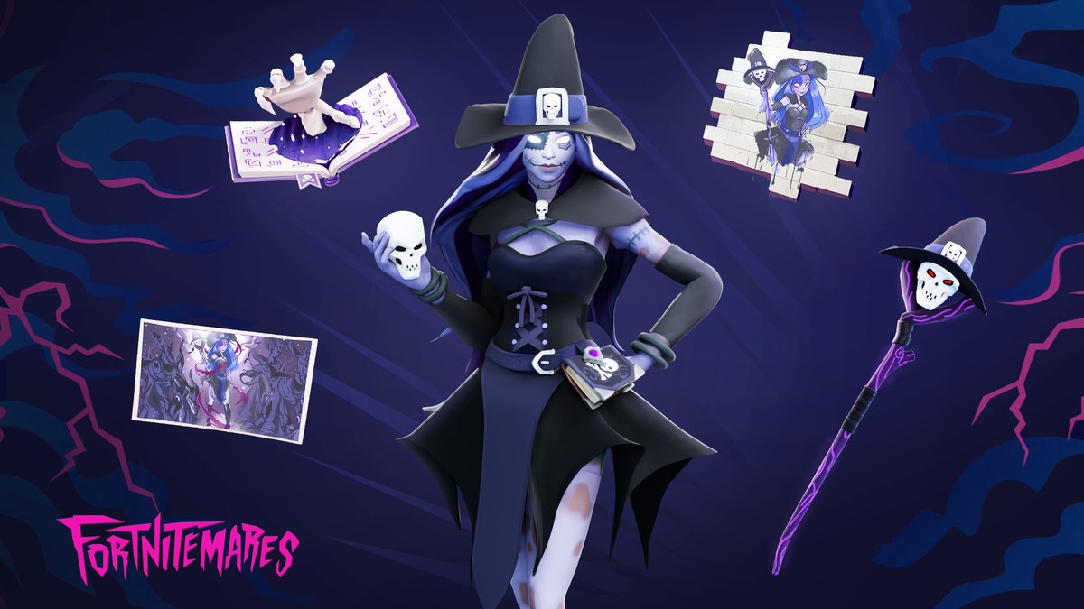 Apollxoo's tweet photo. I created this Fortnitemares concept quite a while ago and never really posted it here!🧙‍♀️

- Witchie Outfit
- Undead Spell Backbling
- Skull Smasher Pickaxe
- Secret Spell Loading Screen

Loading screen by @rosebearoller1 

#Fortnitemares2022 #FortniteArt https://t.co/OxVmP3BCQ2