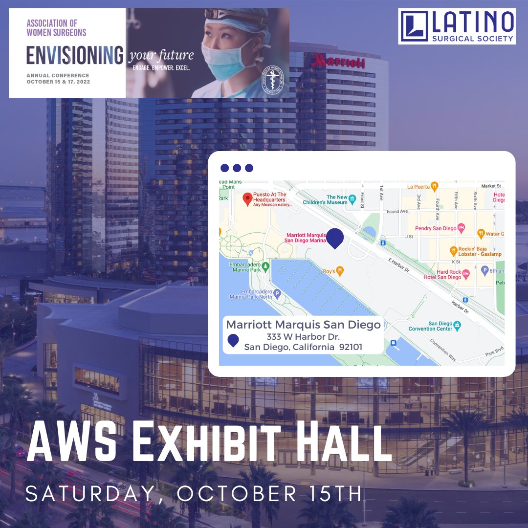 LatinoSurgery's tweet photo. Your @LatinoSurgery will be present in San Diego, CA for the ACS Clinical Congress 2022 and the AWS Annual Conference! Here is a summary of where you can find us these next few days:
- AWS Exhibit Hall (10/15, Marriott Marquis)
- LSS Networking Luncheon (10/16, Puesto) https://t.co/YBS22ETKuG