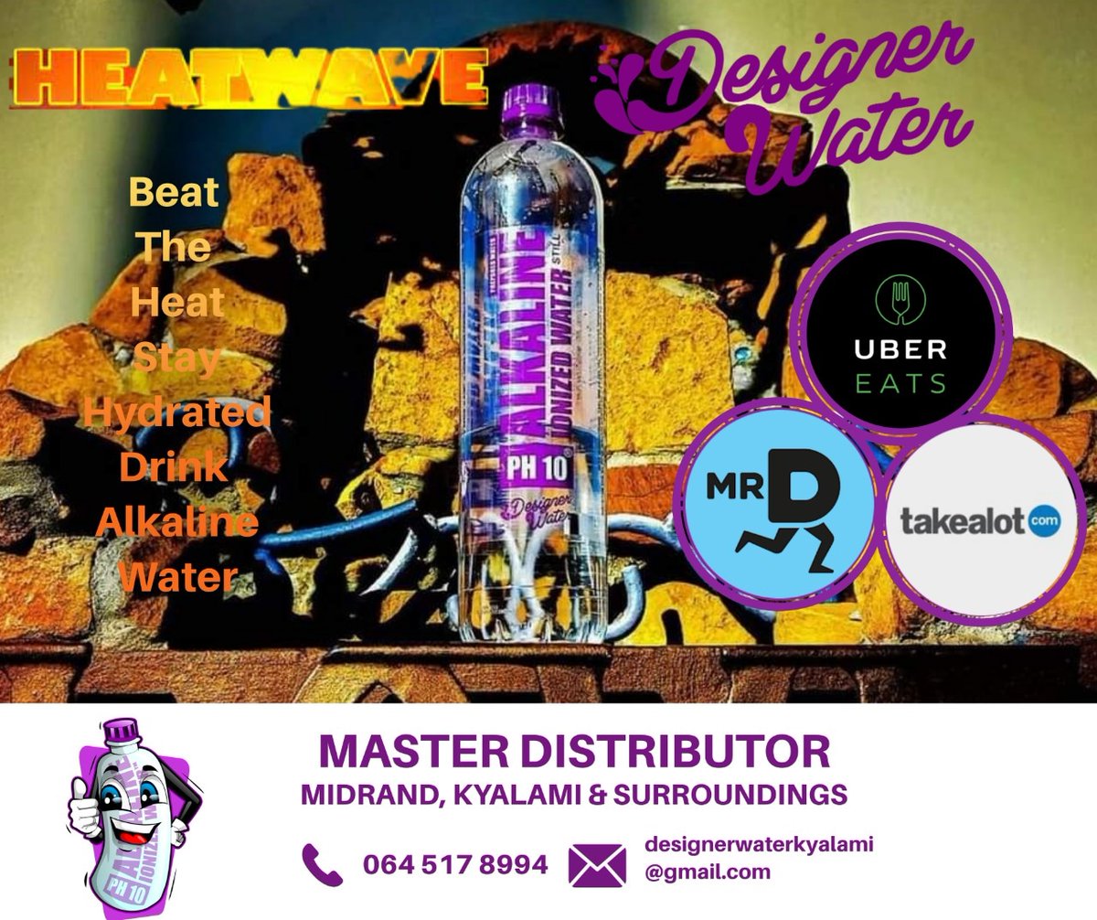 Mkosana's tweet photo. Heatwave ! We've got you, Stay Hydrated with High Quality Water, choose Alkaline from Designer Water. 💜💜💜

Order via Uber or Whatsapp  0645178994. 

#healthiswealth
#alkalinewater
#choosedesigner
#alkalinewaterbenefits https://t.co/SW6NUFyHY1