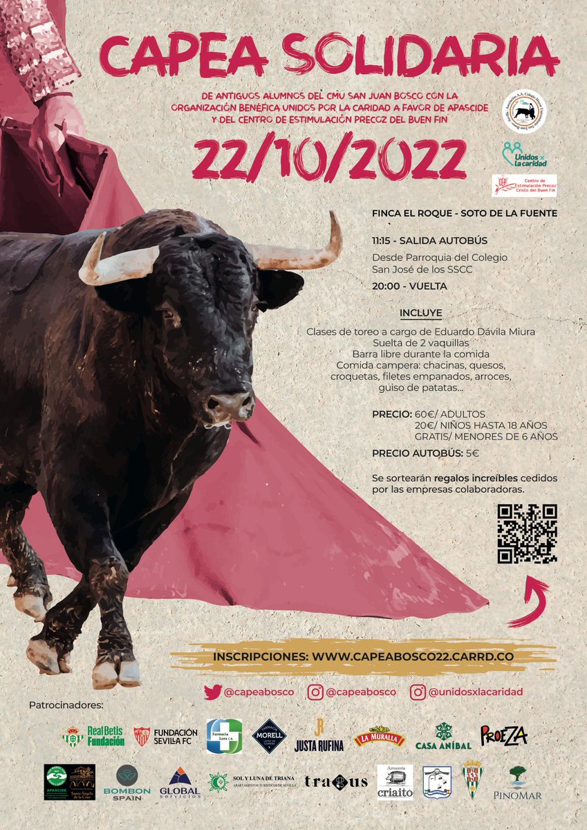 ManoloVieraN's tweet photo. Los AA del @mayordonbosco organizan una #CapeaSolidaria el próximo sábado 22 de octubre en la finca #ElRoque @Sotodlafuente. El maestro @DavilaMiura impartirá clases de toreo previo a la suelta de vaquillas.
Por si gustan. https://t.co/EEFtIVqXx4