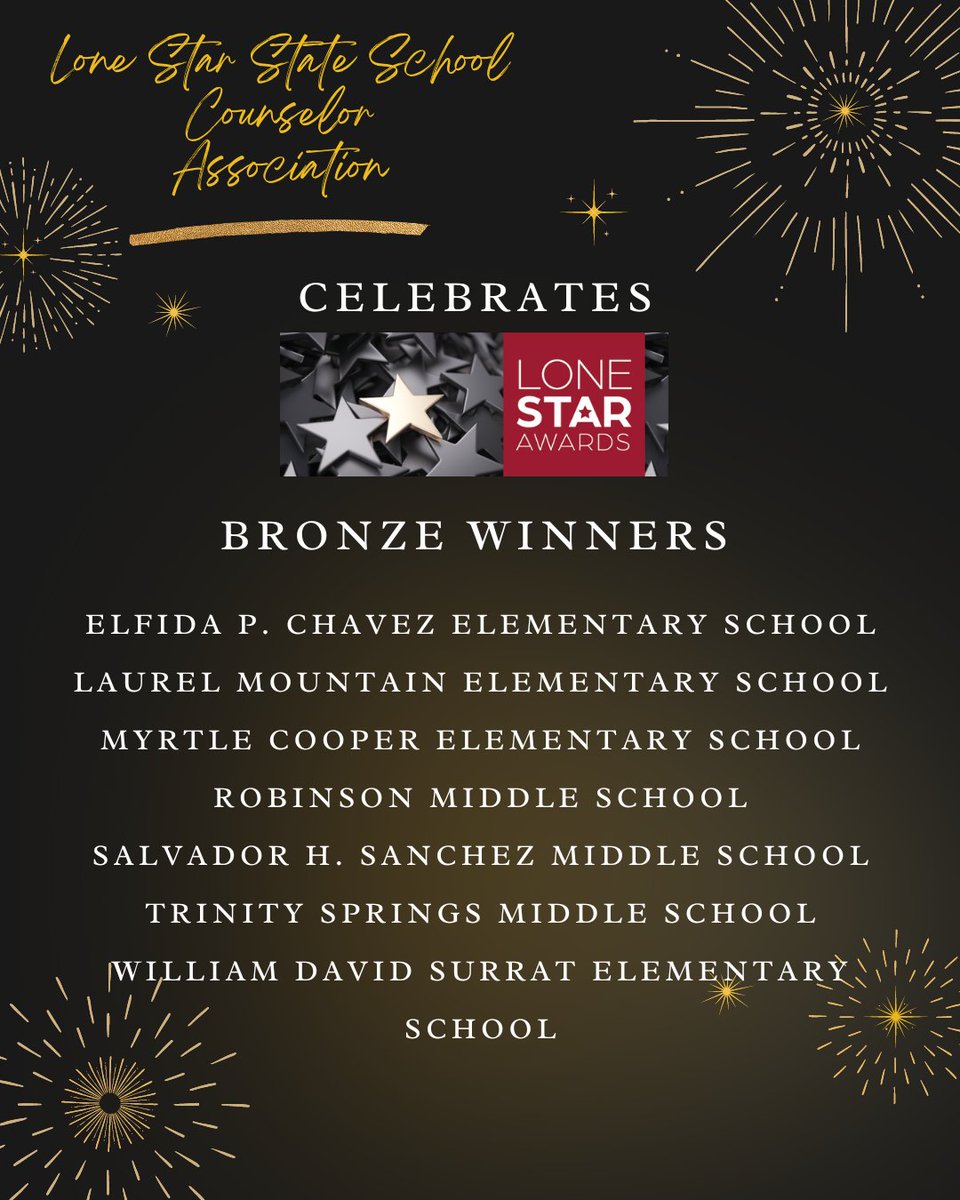 Texas! We are excited to announce our BRONZE winners for our Lone Star Awards! Please share and retweet these amazing school counselors and their campuses for their top-notch comprehensive counseling programs! Well Done! We are beyond proud of you! #schoolcounseling #texas 🎉❤️