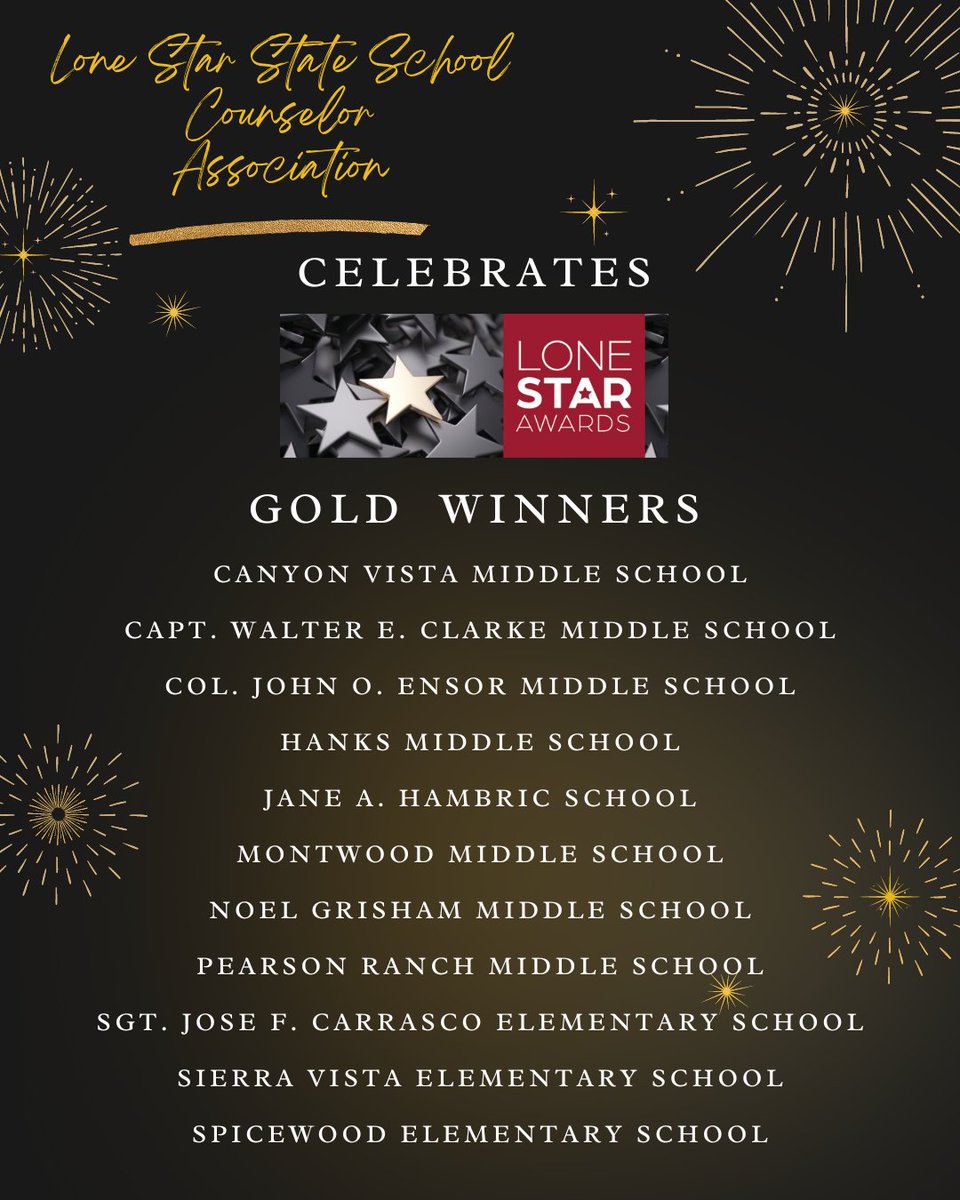 Texas! We are excited to announce our GOLD winners for our Lone Star Awards! Please share and retweet these amazing school counselors and their campuses for their top-notch comprehensive counseling programs! Well Done! We are beyond proud of you! #schoolcounseling #texas 🎉❤️