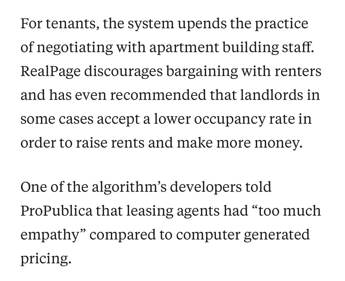 A tech company’s mysterious algorithm helps landlords set the highest possible prices for apartments across the US

Experts are concerned the software’s growing reach allows the nation’s largest landlords to indirectly coordinate pricing – and raise rents 
propublica.org/article/yields…