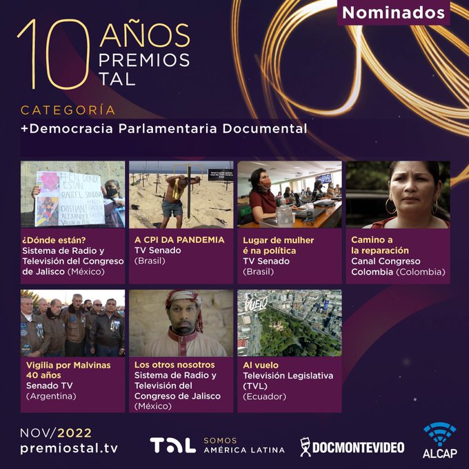 AlcapAsociacion's tweet photo. #ALCAP #PremiosTAL2022 Felicitamos a los canales de #TVParlamentaria nominados en la categoría + Democracia Parlamentaria Documental 👏👏👏
@CongresoJalTV @tvsenado @TvlEcuador @CCongresoCol @SenadoTvArg @talredok #RedTAL #TelevisiónParlamentaria #SomosAmericaLatina https://t.co/h1XwrTCS3k