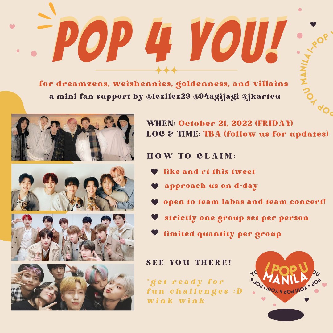 94AGIJAGI's tweet photo. 💥 POP 4 U ‼️
by @lexilex29 @94agijagi @jkarteu

- see photos for inclusions
- mbf, like &amp; rt!
- please show this twt as proof on d-day
- all for golden child, nct dream, wayv, xdinary heroes

see you on the 21st! #IPOPU22MNL

🗯 HEROES PAVE THE WAY FOR A GOLDEN DREAM 💚💛💙💜❤️ https://t.co/TsmFj8j8KR
