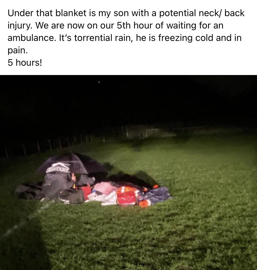 My nephew - on a spinal board with potential back/neck injury. Freezing cold. Pouring with rain, been waiting 5 hours so far. Our system is broken.

👇