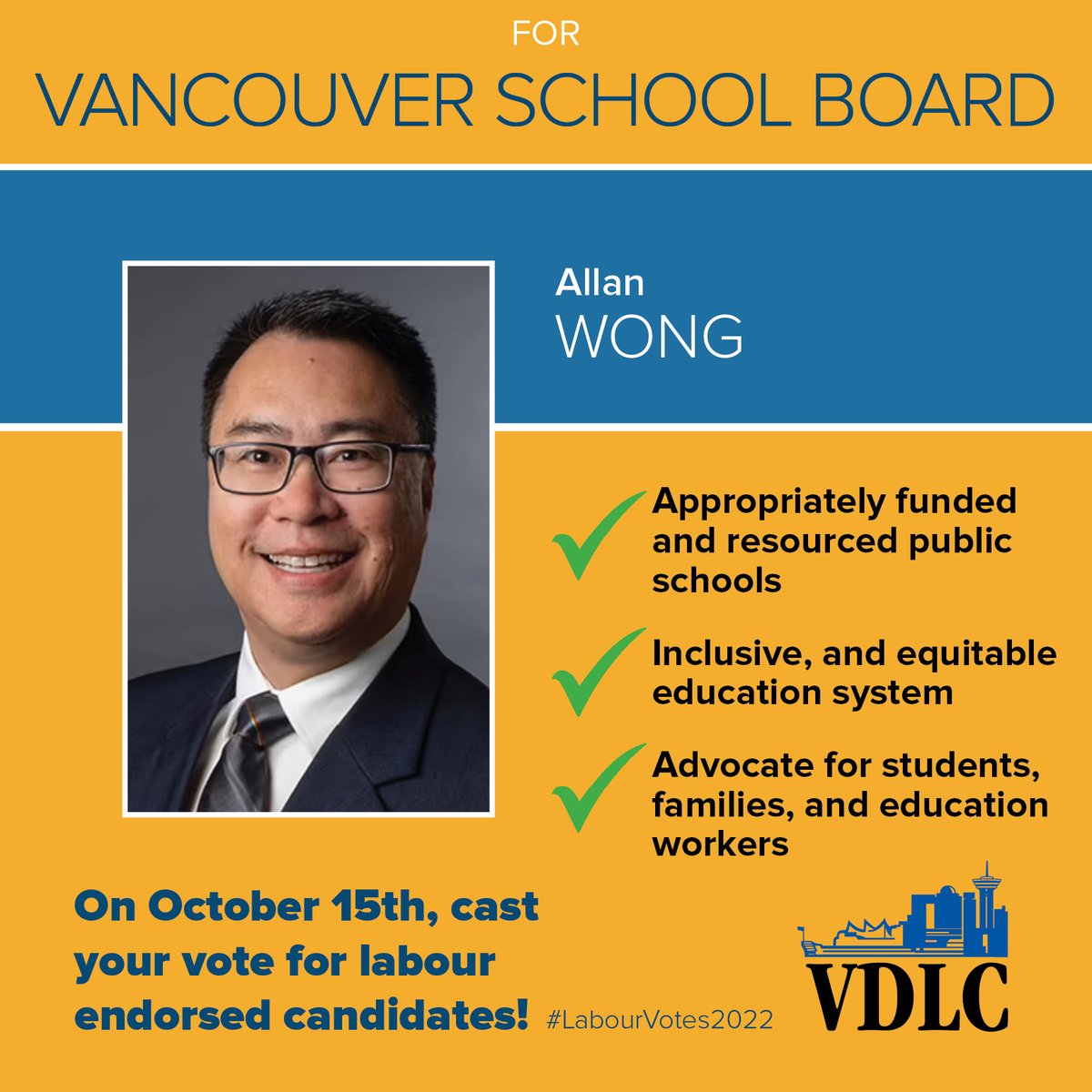 Delegates and members in Vancouver! TODAY is your last opportunity to #vote for labour endorsed candidates like Allan Wong for School Board!
 
<a href="/awong39/">Allan Wong</a> <a href="/VisionVancouver/">Vision Vancouver</a> 
 #LabourVotes2022 #VancouverDLC #bclab #bced #vanpoli