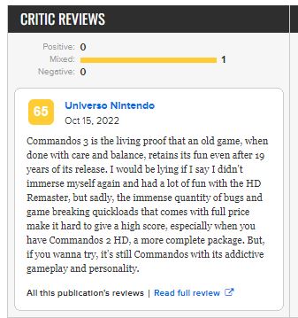 Fui ver como estava a avaliação da versão do Switch de Commandos 3 HD Remaster no Metacritic Só tem nota do meu site KKKKKKKKKKKKKKKKKK