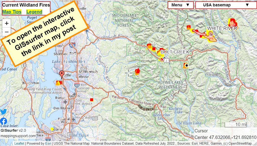 MappingSupport's tweet photo. Red marker is at the #SeattleMariners stadium #GoMariners
To the east are satellite detected hotspots for some of the wildland fires making the air smokey. #LochKatrinaFire #BoltCreekFire #MurphyLakeFire
Open #GISsurfer map: https://t.co/79rWyzxFrH https://t.co/1NzYn12WCj