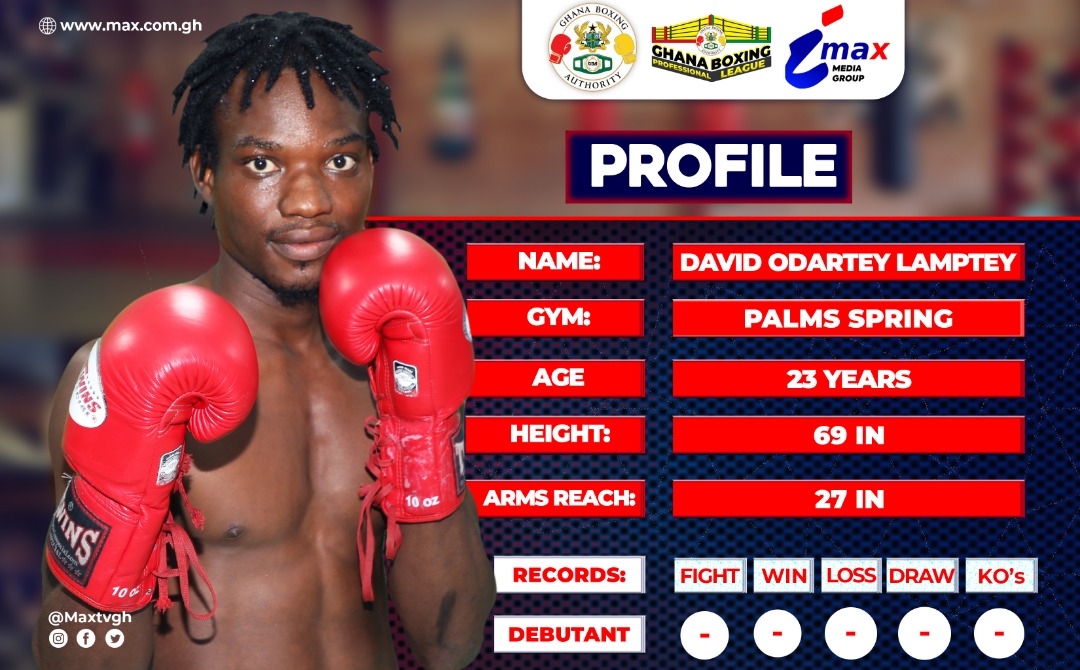 maxtvgh's tweet photo. #DeluxyProfessionalBoxingLeague |
David Odartey Lamptey (23yrs) from the Palm Springs Gym in Accra will seek his first professional win at the #BukomBoxingArena tonight .
#MaxTV #MaxSports #MaxFM #MaxOnline #BoxingNews #FightNight15 https://t.co/lFLoNfWK2O