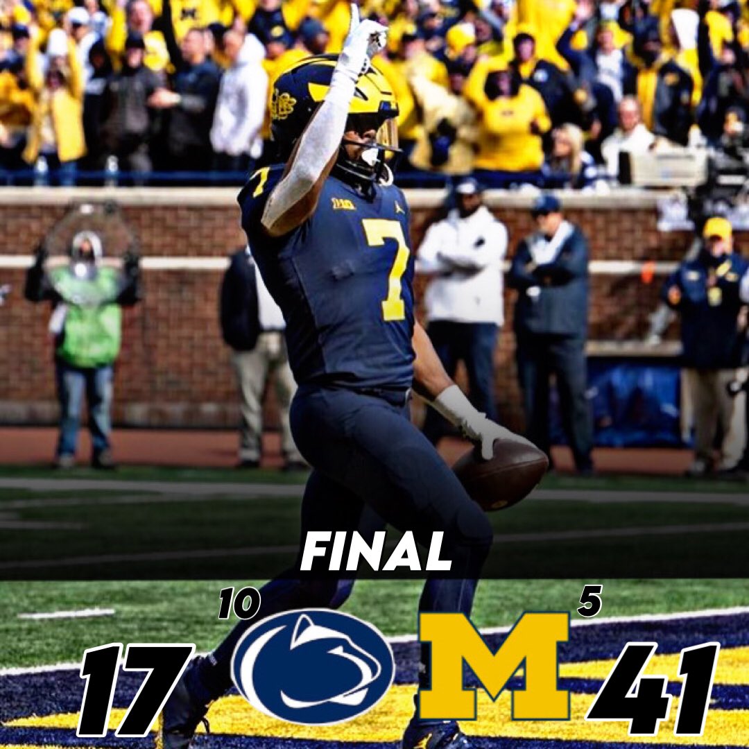 MichiganBreakin's tweet photo. π¨MICHIGAN DONINATES 10TH RANKED PENN ST.βΌοΈ
POTG:
Donavan Edwards γ½οΈ| 16 car, 173 yds, 2 TDβs π₯π₯π₯
Blake Corum γ½οΈ| 28 car, 166 yds, 2 TDβs π₯
J.J Mccarthy γ½οΈ| 17/24, 145 yds, INT, 7 car, 57 yds
#GoBlue #CFB https://t.co/Z1dTtLEKp2