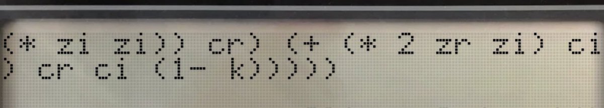 8bitfractals's tweet photo. Call with (julia -1.27 0.04) — in principle the program will work with other complex constants, but it's optimized for long &amp; narrow Julia sets (to suit the screen aspect ratio). Press BRK to exit once it's finished plotting https://t.co/gq5XXfYcpp