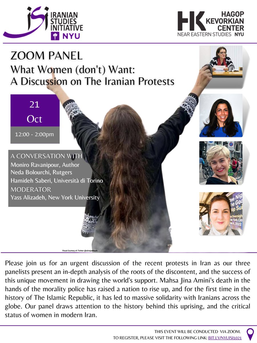 Hamideh Saberi, whose phd thesis I've the honour to supervise, will deliver a talk at @nyuniversity. Together with Moniro Ravanipour, Neda Bolourchi & Yass Alisadeh, she will address the protests in Iran from a gender/historical perspective. Also on-line: as.nyu.edu/neareaststudie…