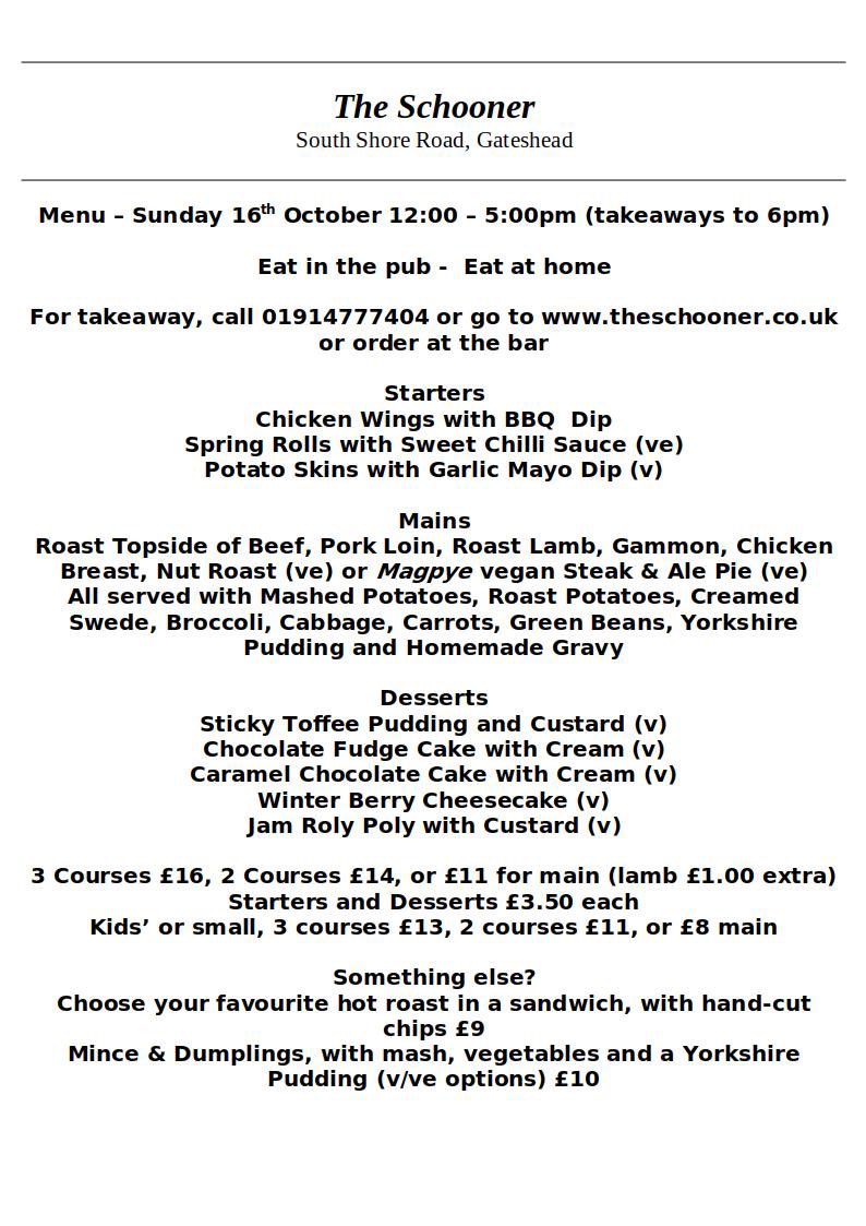This week’s Sunday lunch menu. Eat in or take away. Free delivery, call 01914777404.