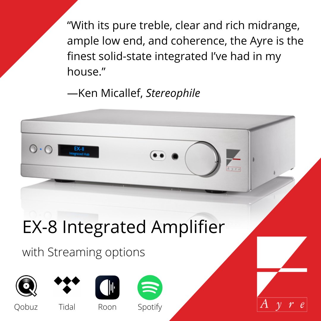 AyreAcoustics's tweet photo. There's a lot of technology packed into this unassuming box!

Fully Balanced circuitry
Zero-Feedback
Equilock Gain Stage
Double Diamond Output
Ayre Custom Digital Clock
Minimum Phase Digital Filter
Streaming with @qobuzusa @tidal @spotify @roonlabs
 #musicstreaming #highendaudio https://t.co/vMHvJkDl1n