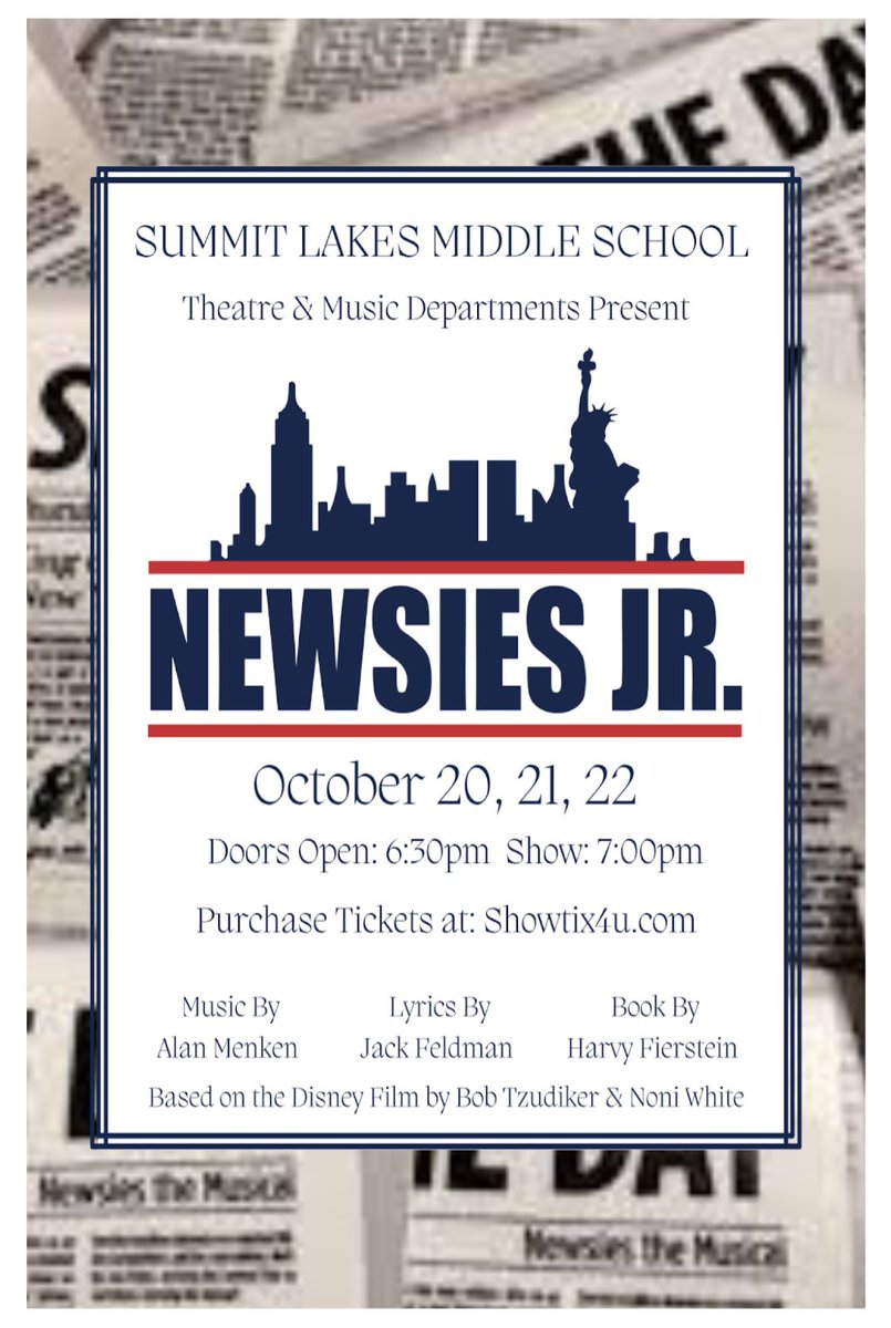 Purchase your tickets today! NEWSIES JR. is THIS week, October 20th, 21st, and 22nd at 7:00pm in the SLMS Gym-natorium! Tickets are $10 and can be purchased online at this link or at the door <a href="/SLMSFalcons/">Summit Lakes Falcons</a> <a href="/SLMSActivities/">𝙎𝙪𝙢𝙢𝙞𝙩 𝙇𝙖𝙠𝙚𝙨 𝘼𝙘𝙩𝙞𝙫𝙞𝙩𝙞𝙚𝙨</a> <a href="/SlmsPta/">SLMS PTA</a>