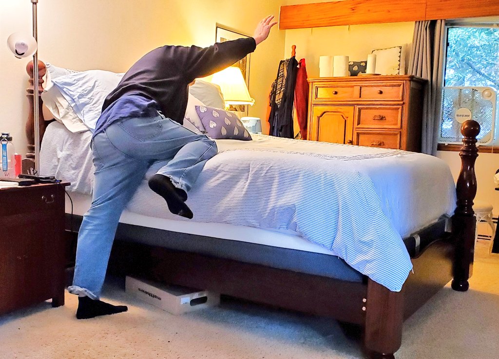 GhostAgamemnon's tweet photo. "Buy a foam incline," they said. "It will help his GERD and snoring," they said. Well, we put it under our mattress, like they said.
Y'all, I ALREADY needed an apple box to stand on to get into the way too tall bed, and now we've made it LUDICROUS.
#iamshort
😆 🤣 😂 https://t.co/iPIVFeDdop
