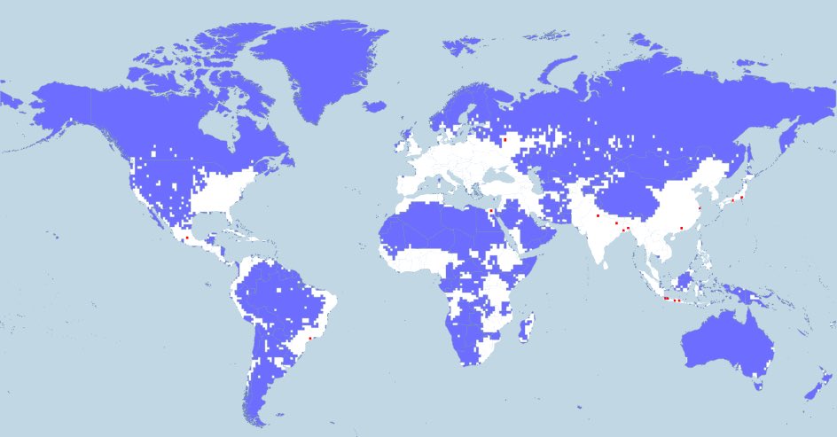 Just 5% of the world's population lives in the area shaded blue and another 5% live in areas shaded red: