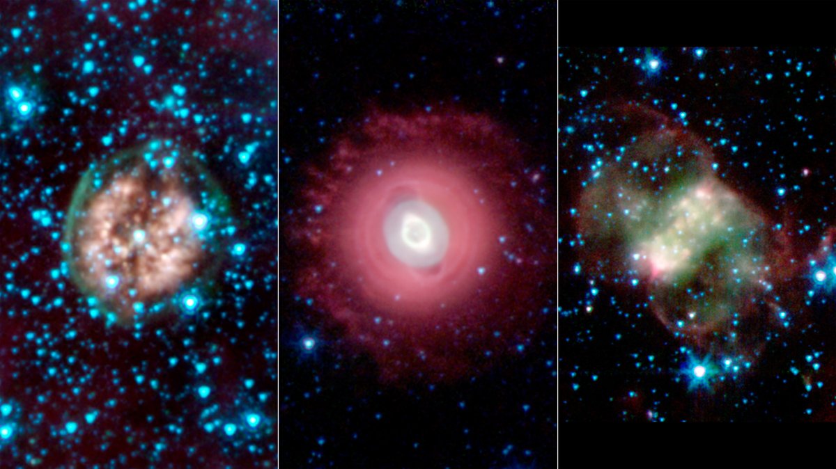 💀Last gasps of stars💀 This trio of ghastly images shows the disembodied remains of dying stars called planetary nebulas. Planetary nebulas are a late stage in a Sun-like star's life, when outer layers have been shed and are lit by ultraviolet light from the central star.