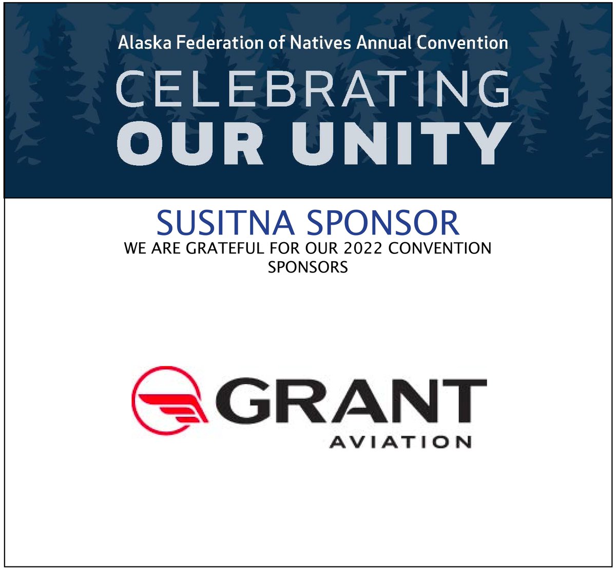 NativeFed's tweet photo. Thank you to one of our Susitna sponsors, Grant Aviation, for their continued and generous support of this year's #2022AFN Convention! #CelebratingOurUnity https://t.co/beRNNngCTW