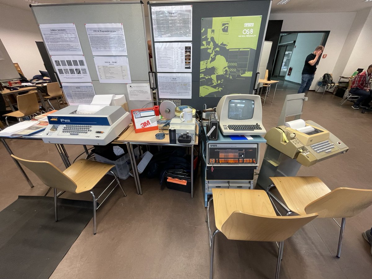 Andreas_SuH1912's tweet photo. Having fun on the Vintage Computer Festival in Berlin last weekend. Programming some BASIC on a pdp8/m just to make some noise with the teleprinter. #VintageComputing #RetroComputing #Teleprinter #VCFB (1/2) https://t.co/dJFHg2Tiwh