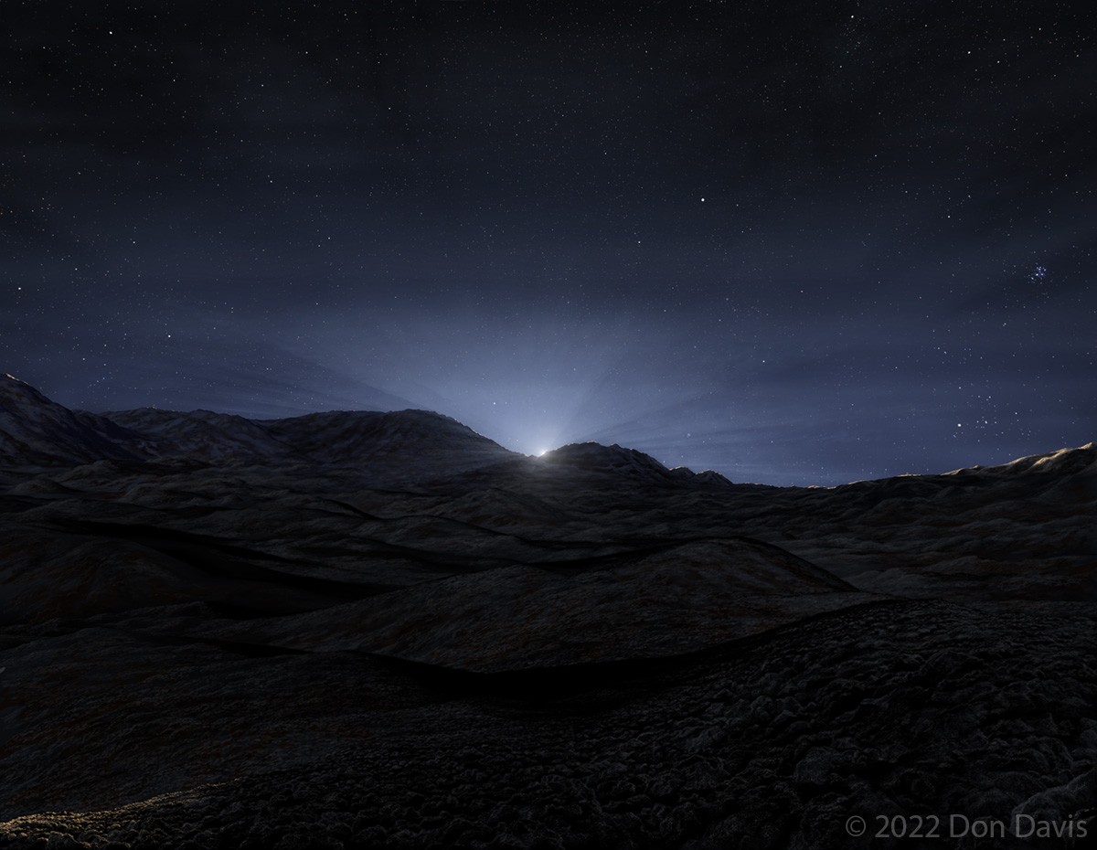 Digital painting of sunrise on Pluto.