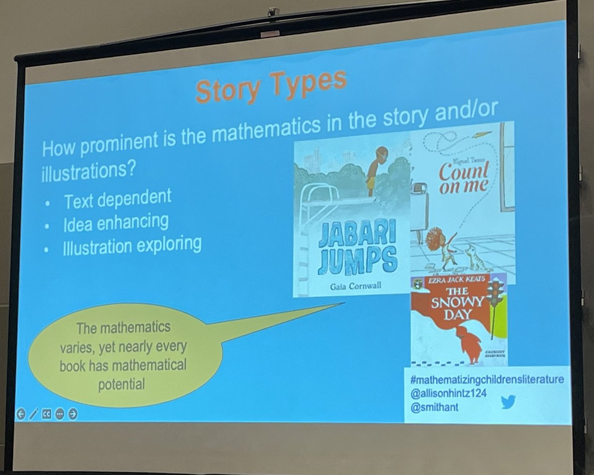 jnovakowski_'s tweet image. What are three different story types to consider when #mathematizingchildrensliterature ? @allisonhintz124 at @nwmathconf #nwmc22