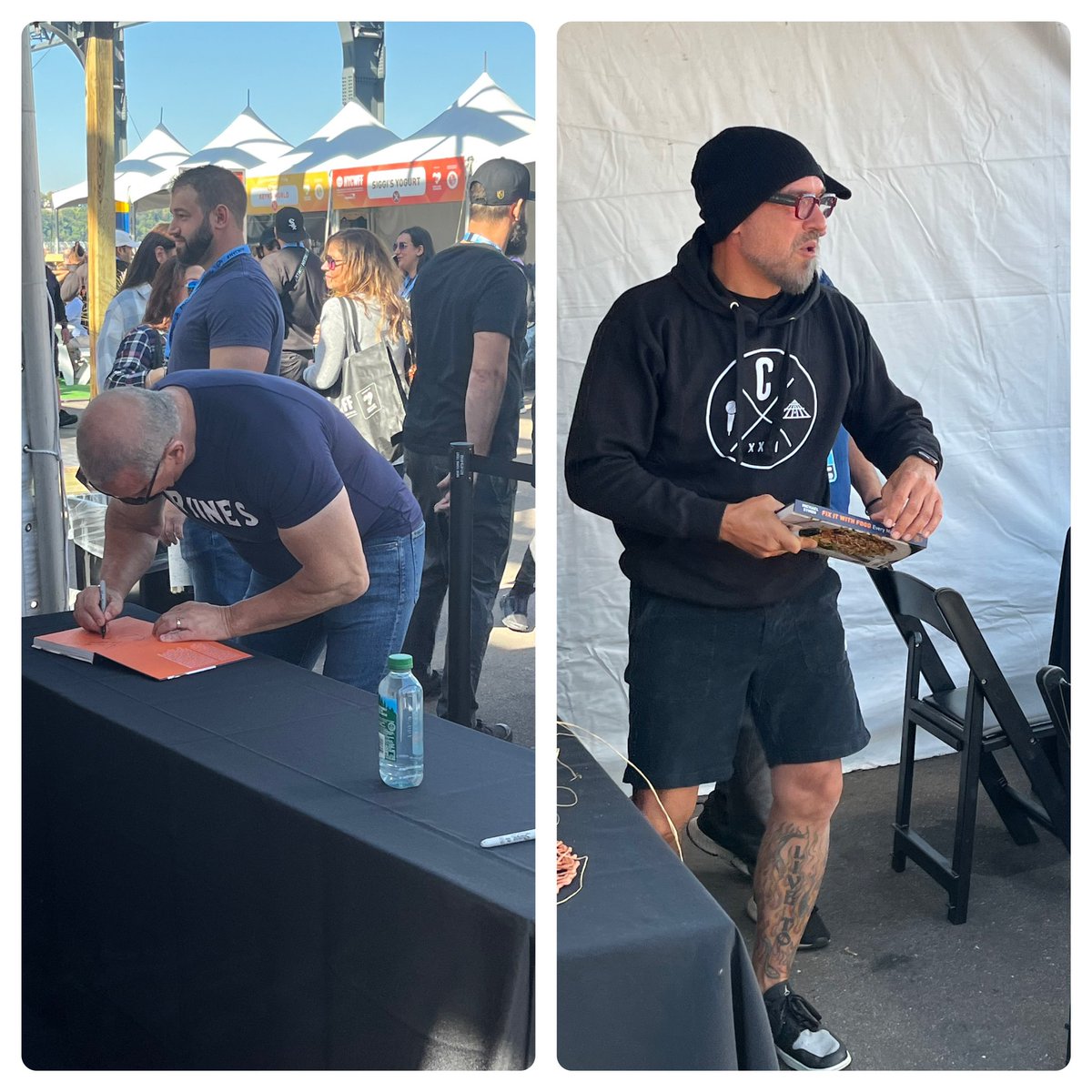 thenbseverson's tweet photo. This is a picture of @RobertIrvine signing @chefsymon’s book and Chef Symon getting it later. #NYCWFF https://t.co/hTpJROmhlX
