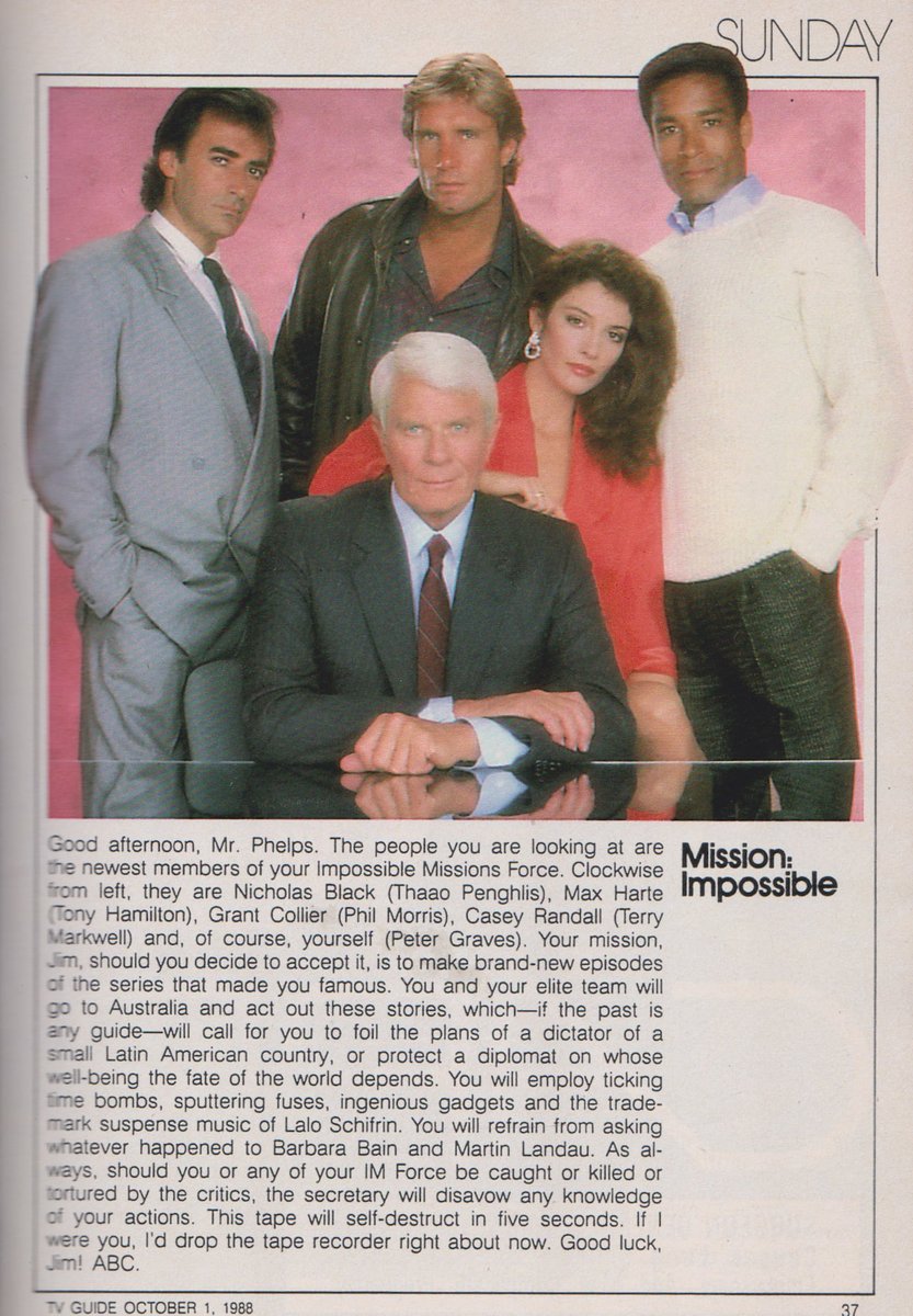 MISSION: IMPOSSIBLE. 1988. 

#MissionImpossible #PeterGraves #ThaaoPenghlis #TonyHamilton #PhilMorris #TerryMaxwell #TVGuide