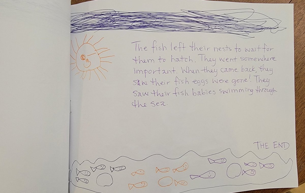 BJOwrites's tweet photo. I'm not the only #author in my house -- a picture book by* my 6yo about a fish and some eggs 🥰

(*words and pictures by him, with writing help from Mama*) https://t.co/NE3WTGgHba