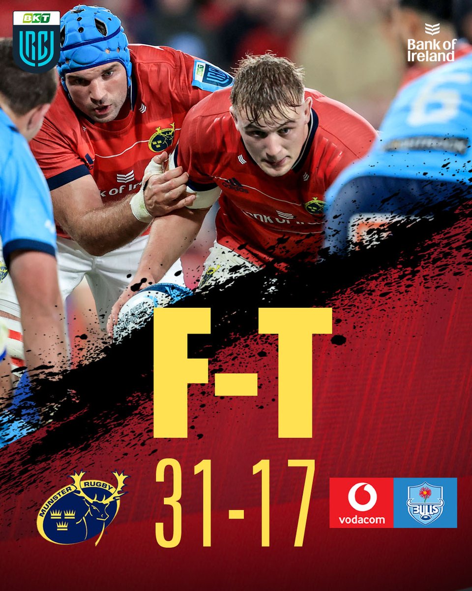 Munsterrugby's tweet photo. FULL-TIME: Munster 31-17 Vodacom Bulls
All over @thomondstadium where we secure a bonus point win after tries from Gavin Coombes (2), Jeremy Loughman and Tadhg Beirne, with Joey Carbery kicking all 4 conversions & a penalty.
#MUNvBUL #SUAF 🔴 https://t.co/WqxTm1dPgC