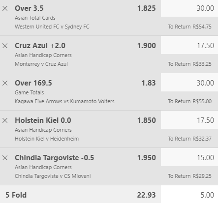 TheSmartBettor's tweet photo. Vamos continuar vivendo como se não houvesse amanhã??

🇦🇺Mais de 3.5 cartões (3%)
🇲🇽Cruz Azul +2 HA de cantos (1.75%)
🏀🇯🇵Mais de 169.5 pontos (3%)
🇩🇪Holstein +0 HA de cantos (1.75%)
🇷🇴Chindia -0.5 HA de cantos (1.5%)

❤️Eu coloquei 0.5% nesse bilhete. https://t.co/OyPxXsy5Ze