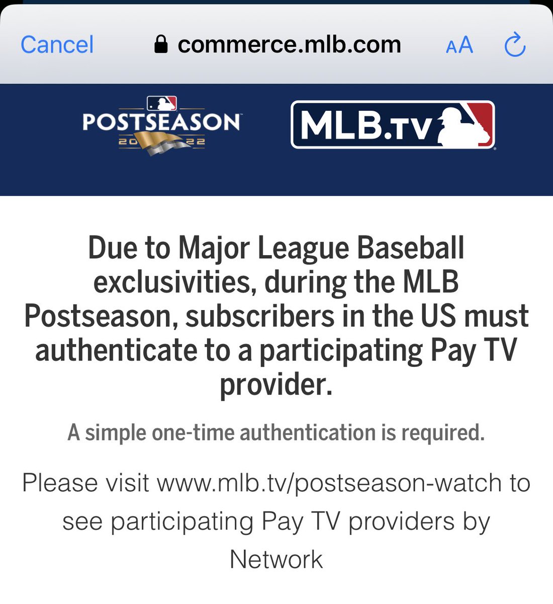 ⁦<a href="/MLBTV/">MLB.TV</a>⁩ this is BS! Also, how about you say that BEFORE you promote the game on your website and app?!?