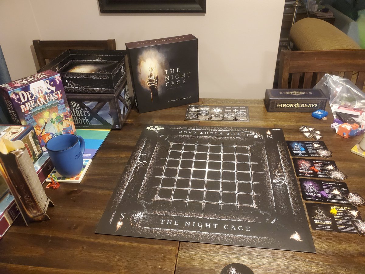 ryanpatrickh's tweet photo. We are doing a Halloween gaming weekend. Just got done with Dead &amp; Breakfast by @BraincrackGames designed by Rodrigo Rego and Louis Durrant. Next is The Night Cage by @xopherchan and @SmirkandDagger. Tomorrow is My Father's Work finally. https://t.co/OyM7JG27gx