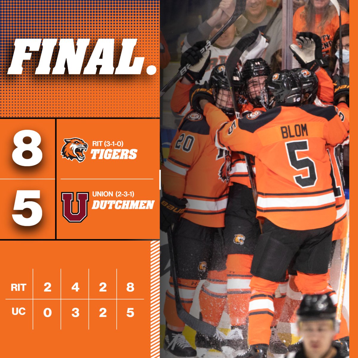 Hats off to the Tigers! 

#RIT beats <a href="/Unionmhockey/">Union College Men's Hockey</a> 8-5 behind a 🧢🧢🧢HAT TRICK🧢🧢🧢 by first-year Tyler Mahan! 
#RoarTech #BrickCityWeekend