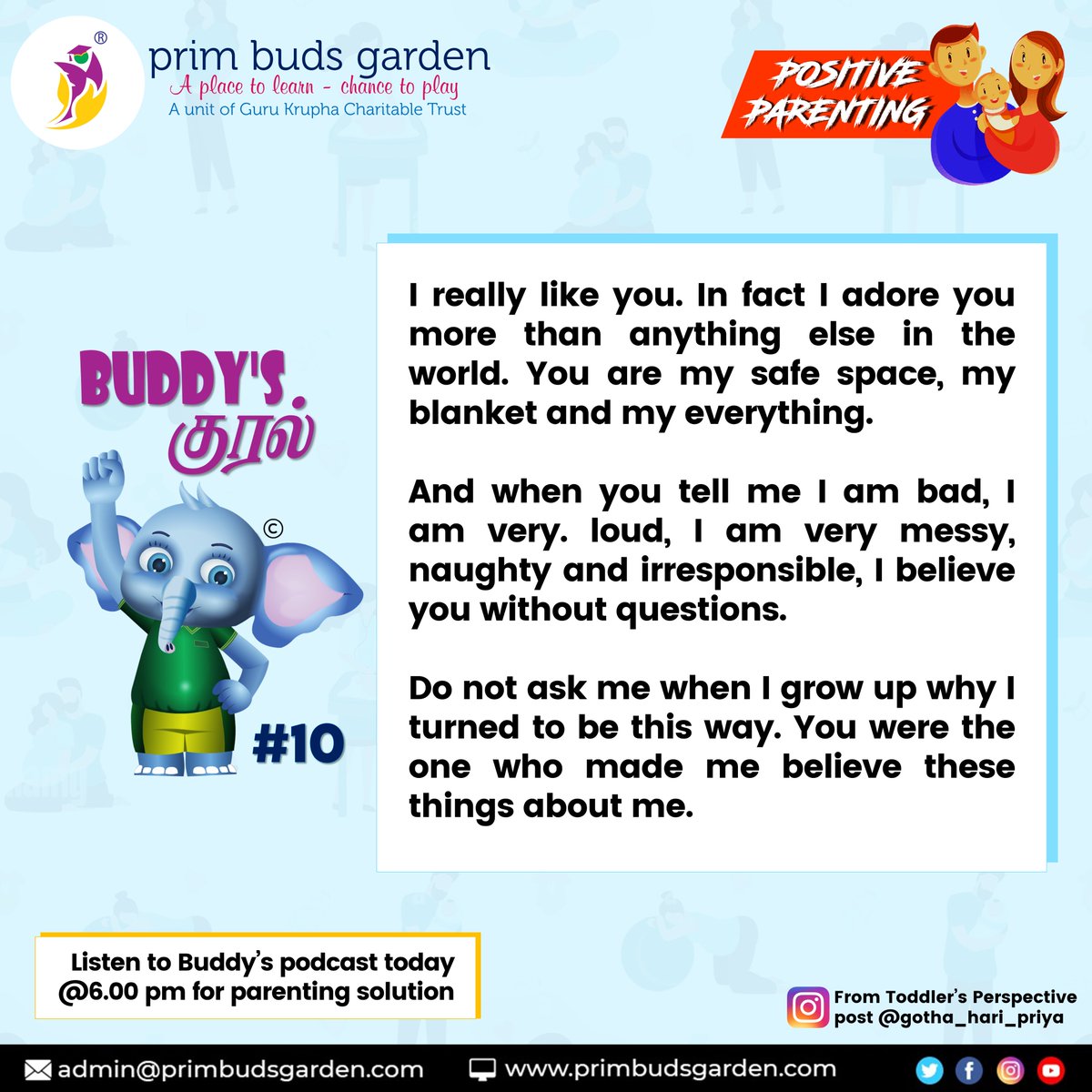 primbudsschool's tweet photo. 👨‍👨‍👧‍👦Parenting in a new perspective #10.
😃Follow us for new parenting tip every Sunday &amp; also listen to our podcast @6:00pm! 
Join us for 360' learning...! 
#primbudsgardenschools #buddytalks #kural #buddy #kids #youtube #originals #parenting #modernsolution #paretingtips #podcast https://t.co/5EkP8MfRXa