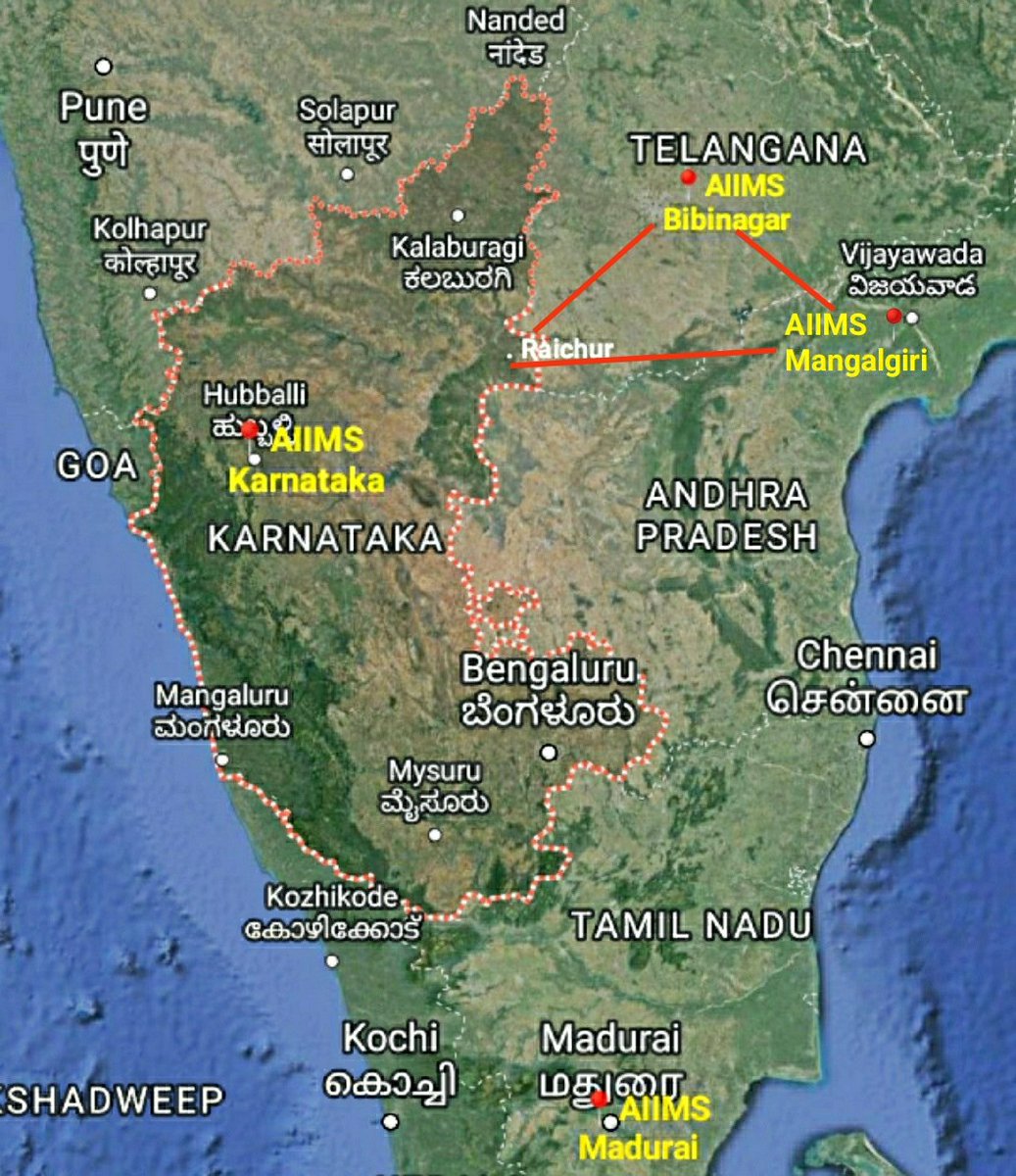 dr_stapes's tweet photo. JUST A THOUGHT:
Why #Hubli better than #Raichur 4 #AIIMS

-Raichur, Kalaburgi &amp; Bidar are around 250km from AIIMS Bibinagar(Hyderabad)

-It would be a 3rd AIIMS within some 350km radius(TL &amp; AP)

-No trains frm coastal/kittur KA to raichur

@Namma_HD @Hubballi_Infra @nagabhushanb https://t.co/R8k2hhDuQa